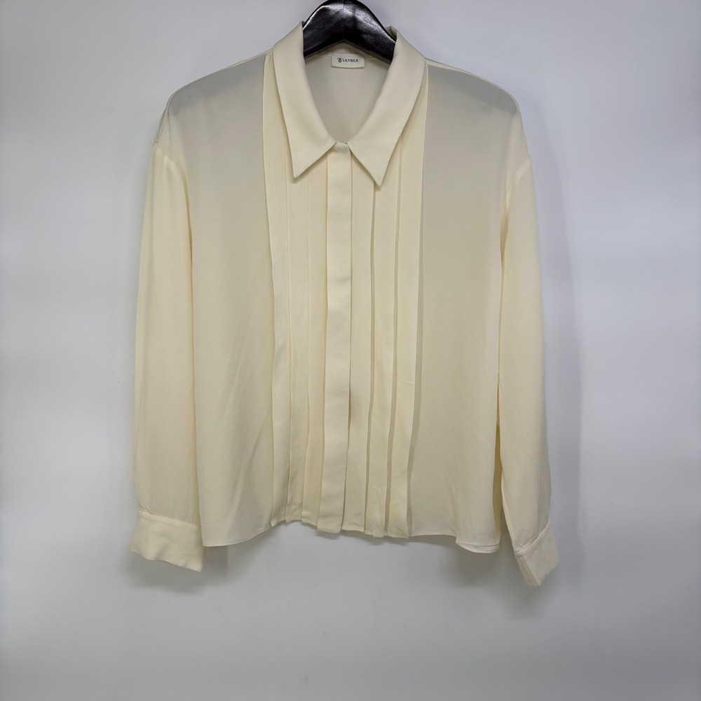 Lilysilk 100% Mulberry Silk Pleated Front Top Ivory Cream XL Old Money Elevated